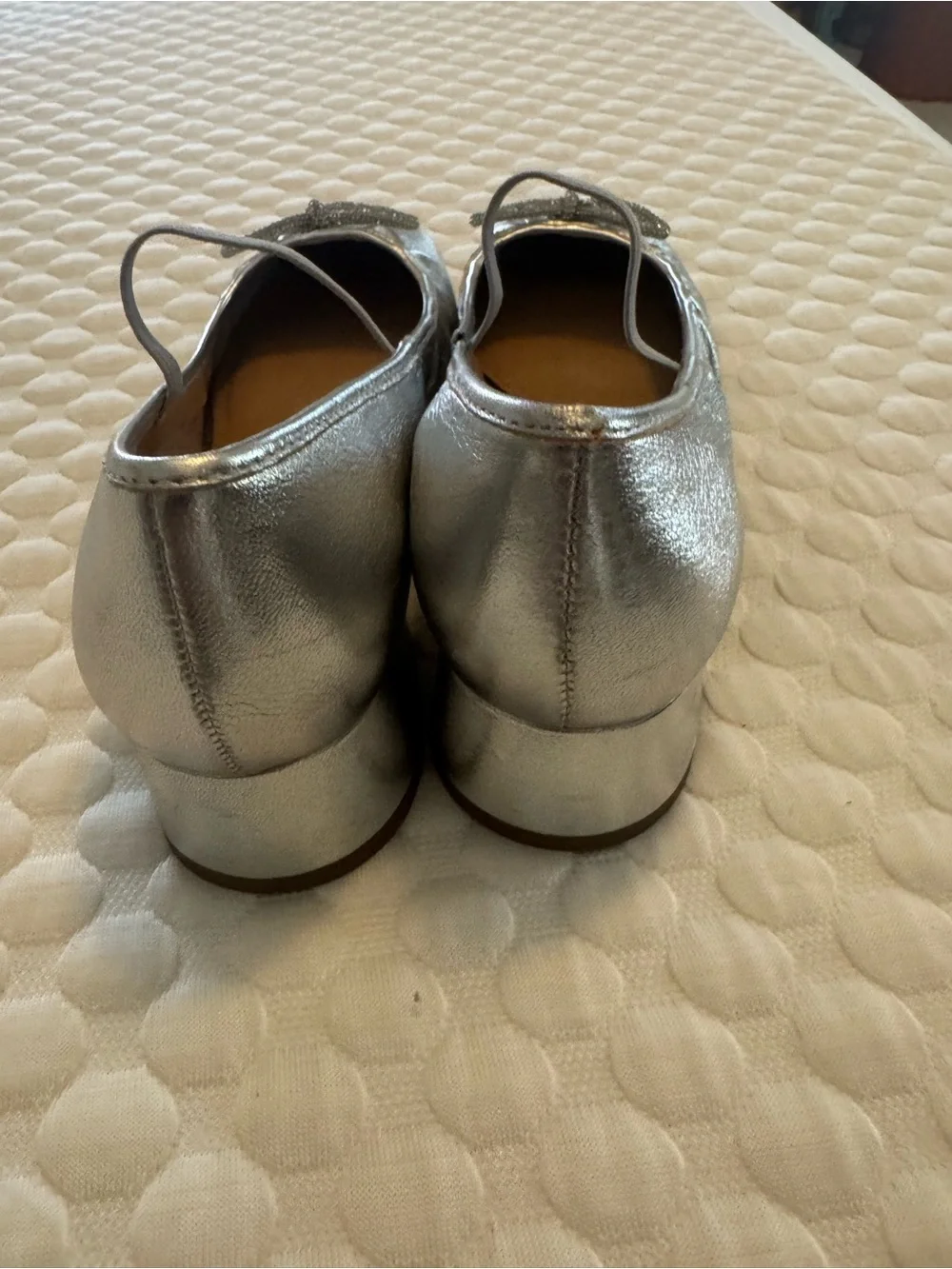 Maeve Silver Ballet flats Mary Jane Low Block Heel Pumps with Decorative Bow